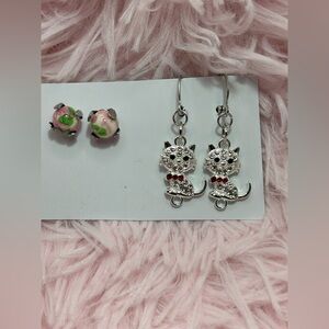 Cat Dangle Earrings & Pink Floral Stud Earrings Set